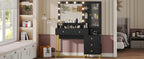 Makeup Vanity Desk with Mirror and Lights, Power Outlet, RGB LED Cabinet,  5 Drawers & Side Storage Bag, Black and Gold