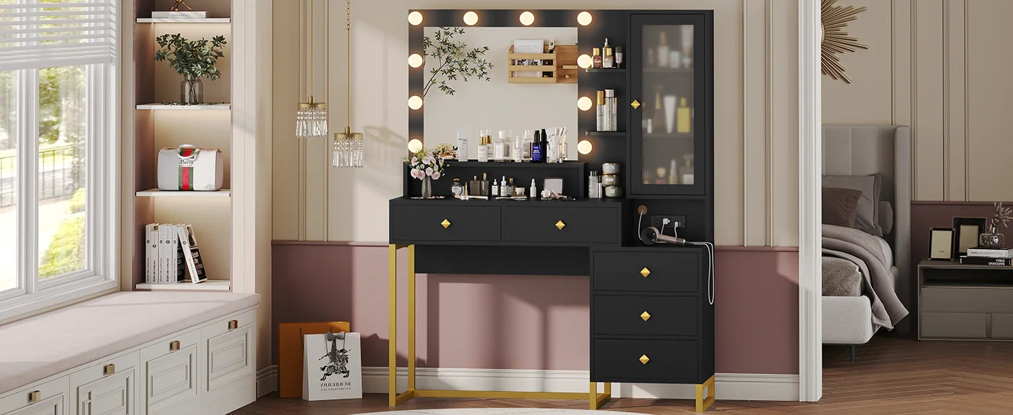Makeup Vanity Desk with Mirror and Lights, Power Outlet, RGB LED Cabinet,  5 Drawers & Side Storage Bag, Black and Gold