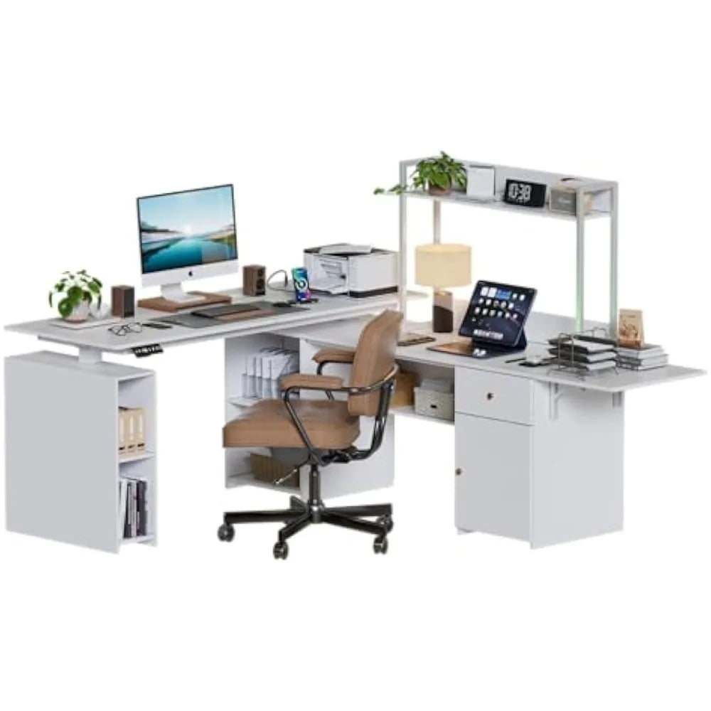 Computer Desk 63'' L, Height Adjustable Stand up Desk, USB Charge Ports, LED Display, Home Office Modern Wood Computer Desk