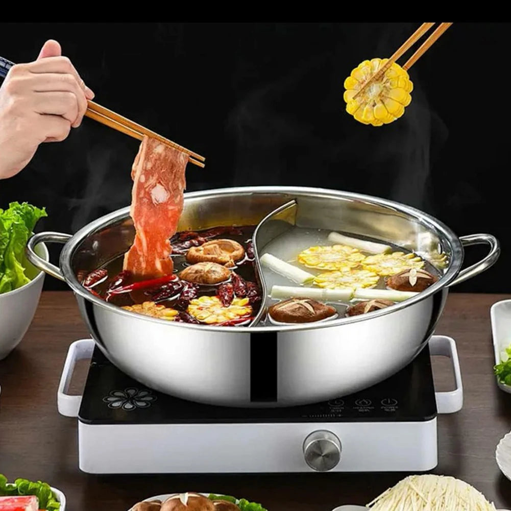 Stainless Steel Twin Divided Hot Pot — 28cm, Gas Stove Compatible