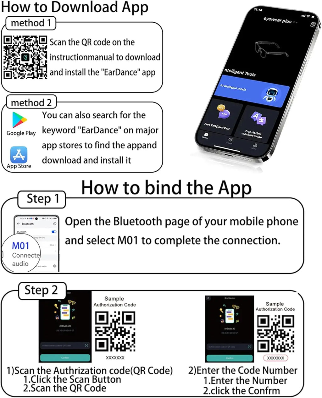Smart glasses, app translation, color-changing lenses, high-definition voice calls, Hi-Fi music quality, open-ear audio glasses.