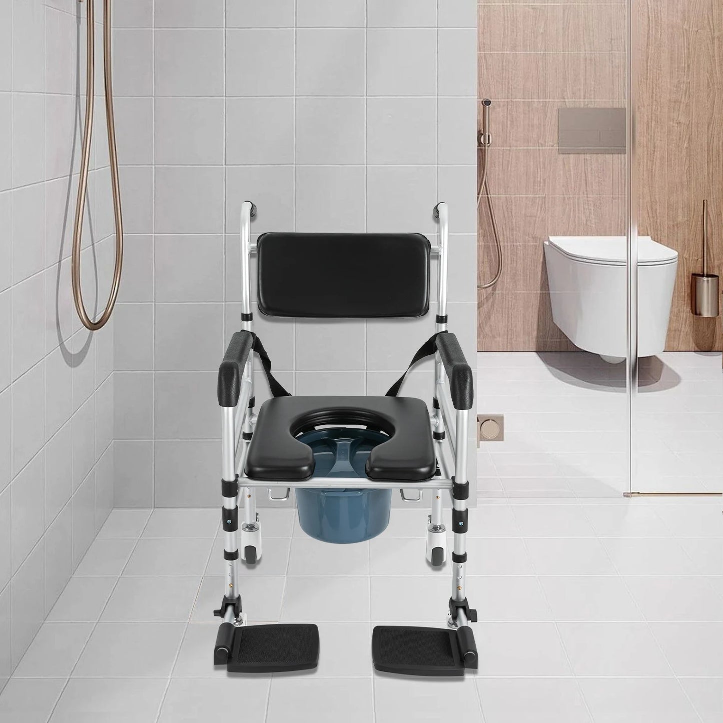 Folding Shower Chair with Wheels — Adjustable Height for Seniors