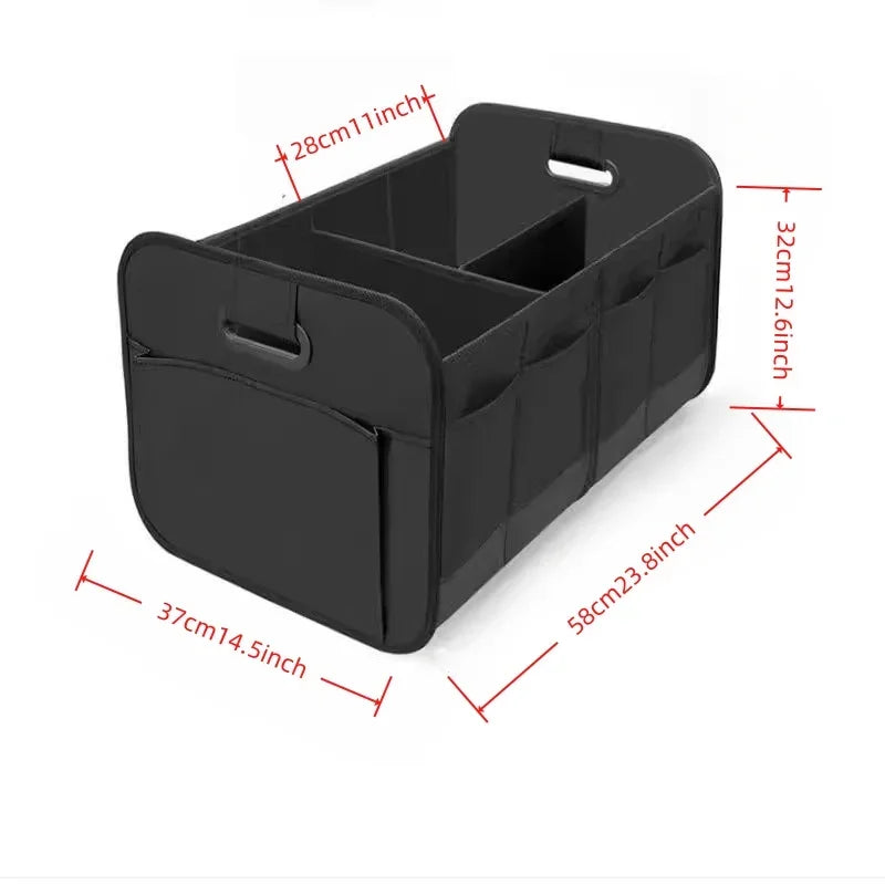 Car Storage Box to Organize Your Trunk & Say Goodbye to Mess showing dimensions and compartments for efficient organization.
