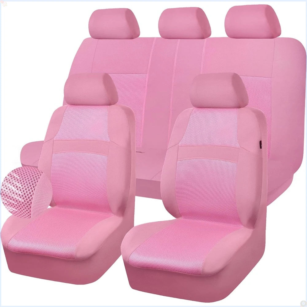 Pink Breathable Mesh Car Seat Cover Full Set, Airbag-Compatible All-Pink Auto Interior
