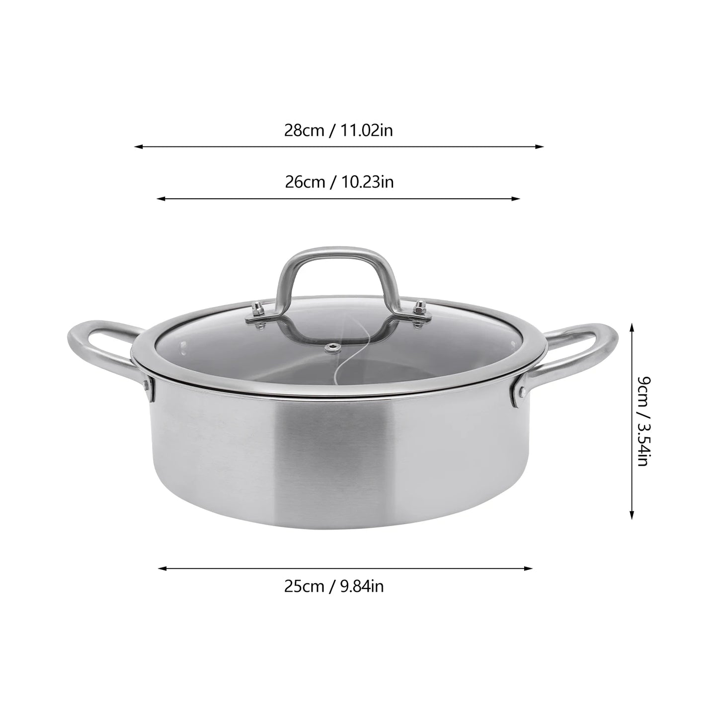 304 Stainless Steel Divided Hot Pot — 26cm, 2 Compartment with Lid