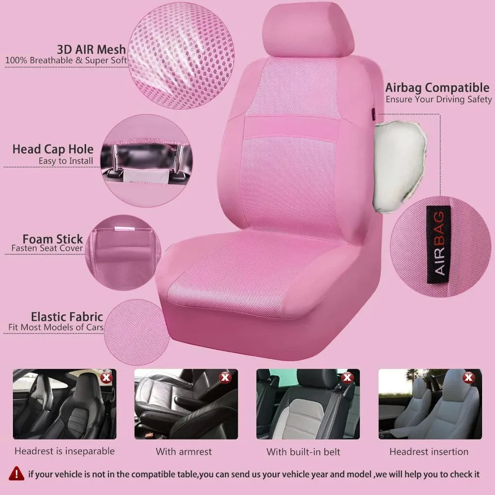 Pink Breathable Mesh Car Seat Cover Full Set, Airbag-Compatible All-Pink Auto Interior