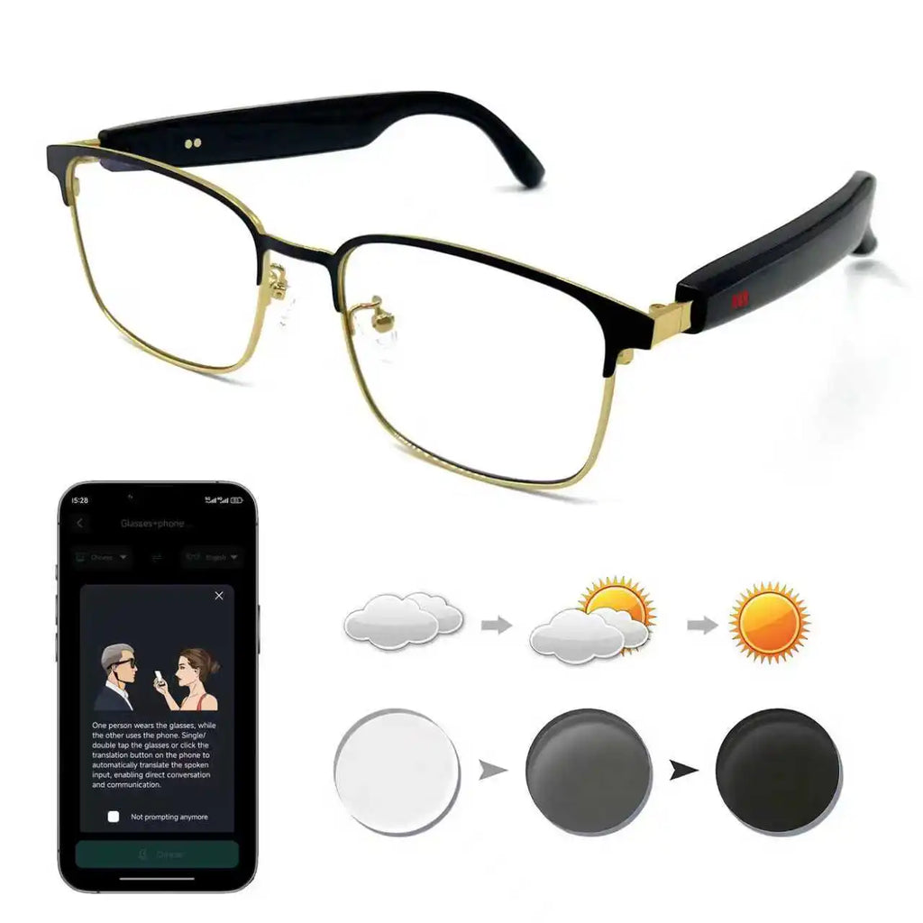 Smart glasses, app translation, color-changing lenses, high-definition voice calls, Hi-Fi music quality, open-ear audio glasses.