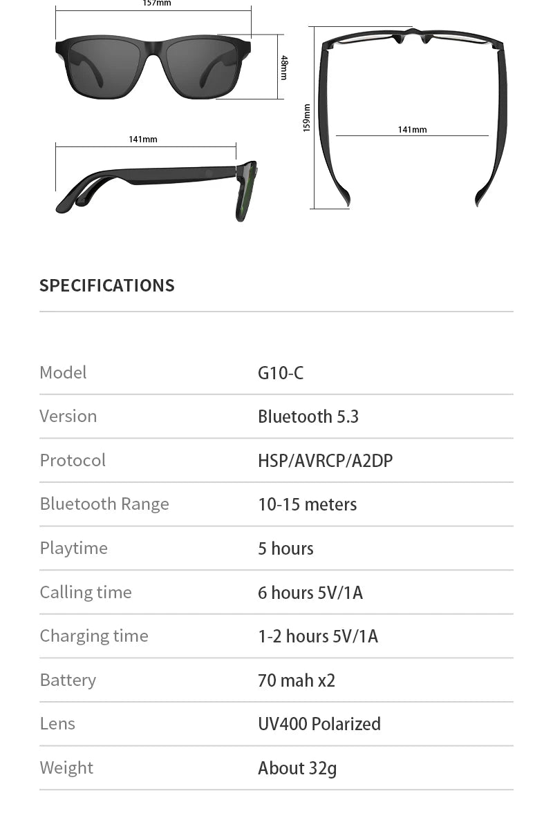 Smart Bluetooth Audio Sunglasses — Wireless Hands-Free Music Headset