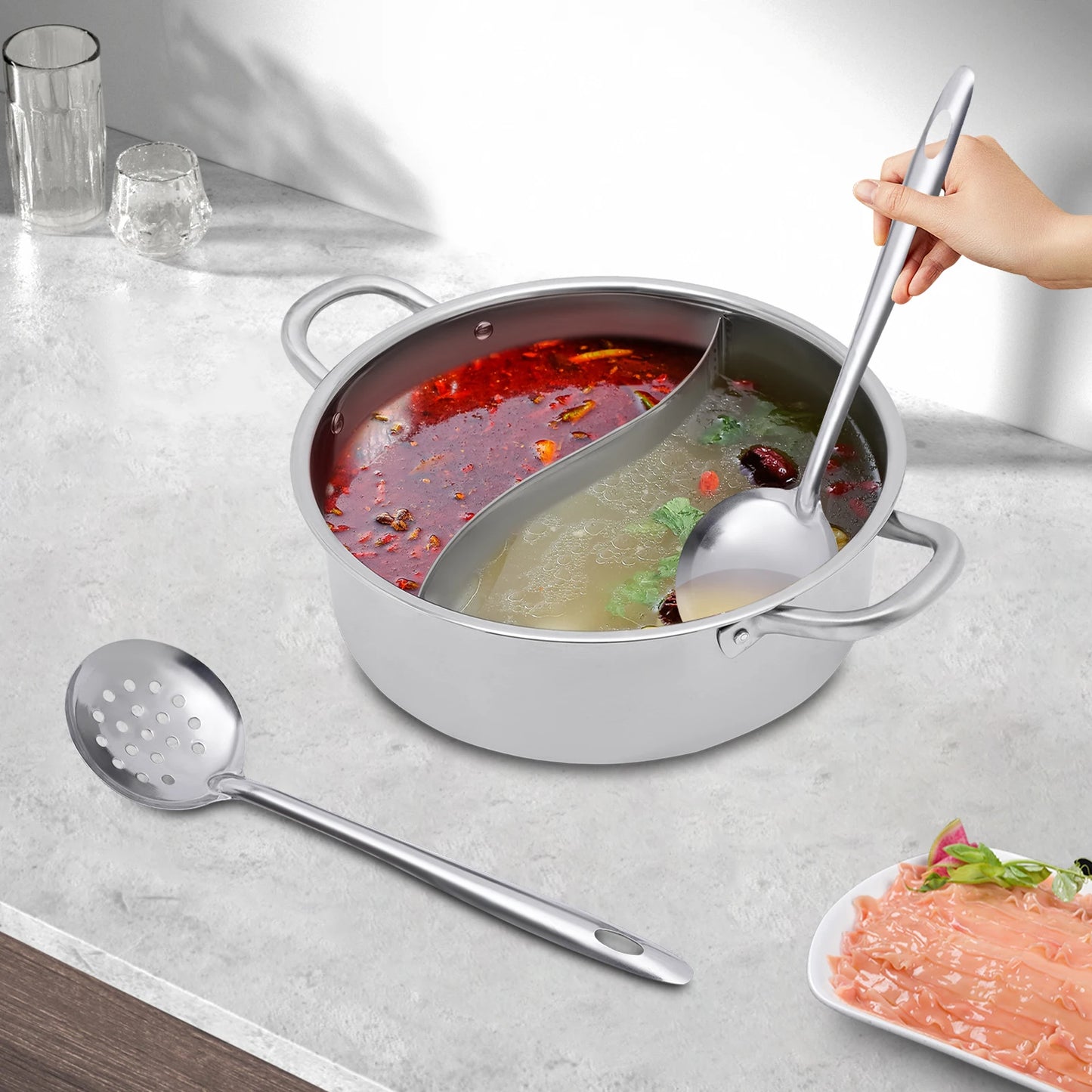 304 Stainless Steel Divided Hot Pot — 26cm, 2 Compartment with Lid