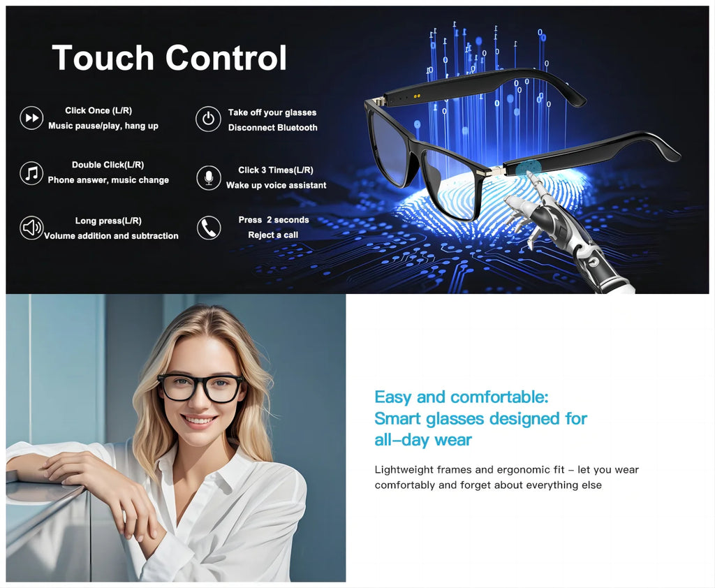 Smart glasses, app translation, color-changing lenses, high-definition voice calls, Hi-Fi music quality, open-ear audio glasses.