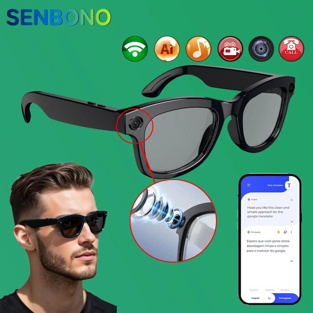 SENBONO AI Translator Smart Glasses With 8MP Camera Take Videos And Photo Sunglasses BT Call for Men Women 4K HD Fashion Glasses