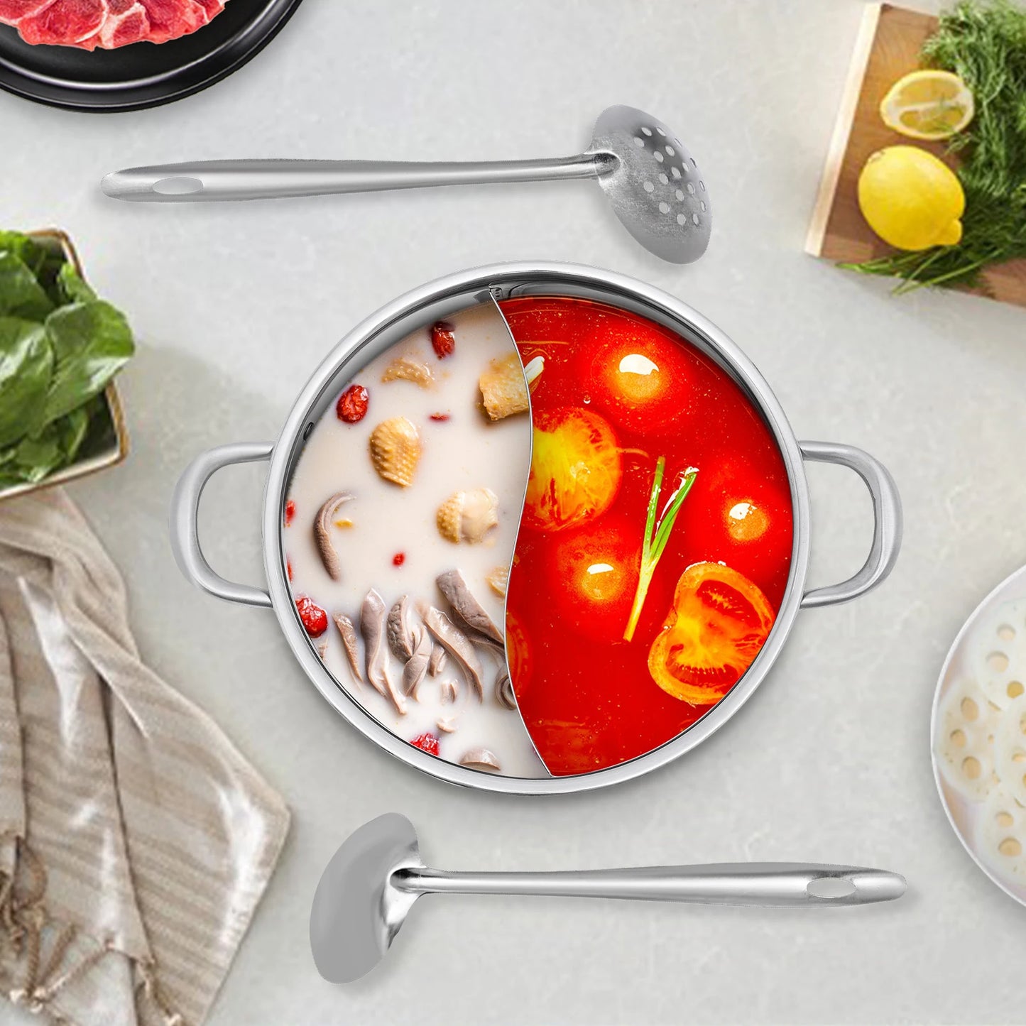 304 Stainless Steel Divided Hot Pot — 26cm, 2 Compartment with Lid