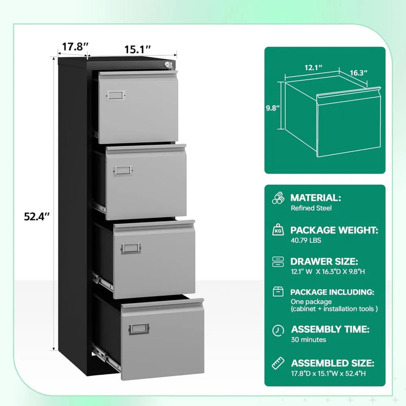 4 Drawer File Cabinet with Lock,Metal Office Filing Cabinets for Home Office- Storage A4/F4/Letter/Legal -Assembly Required