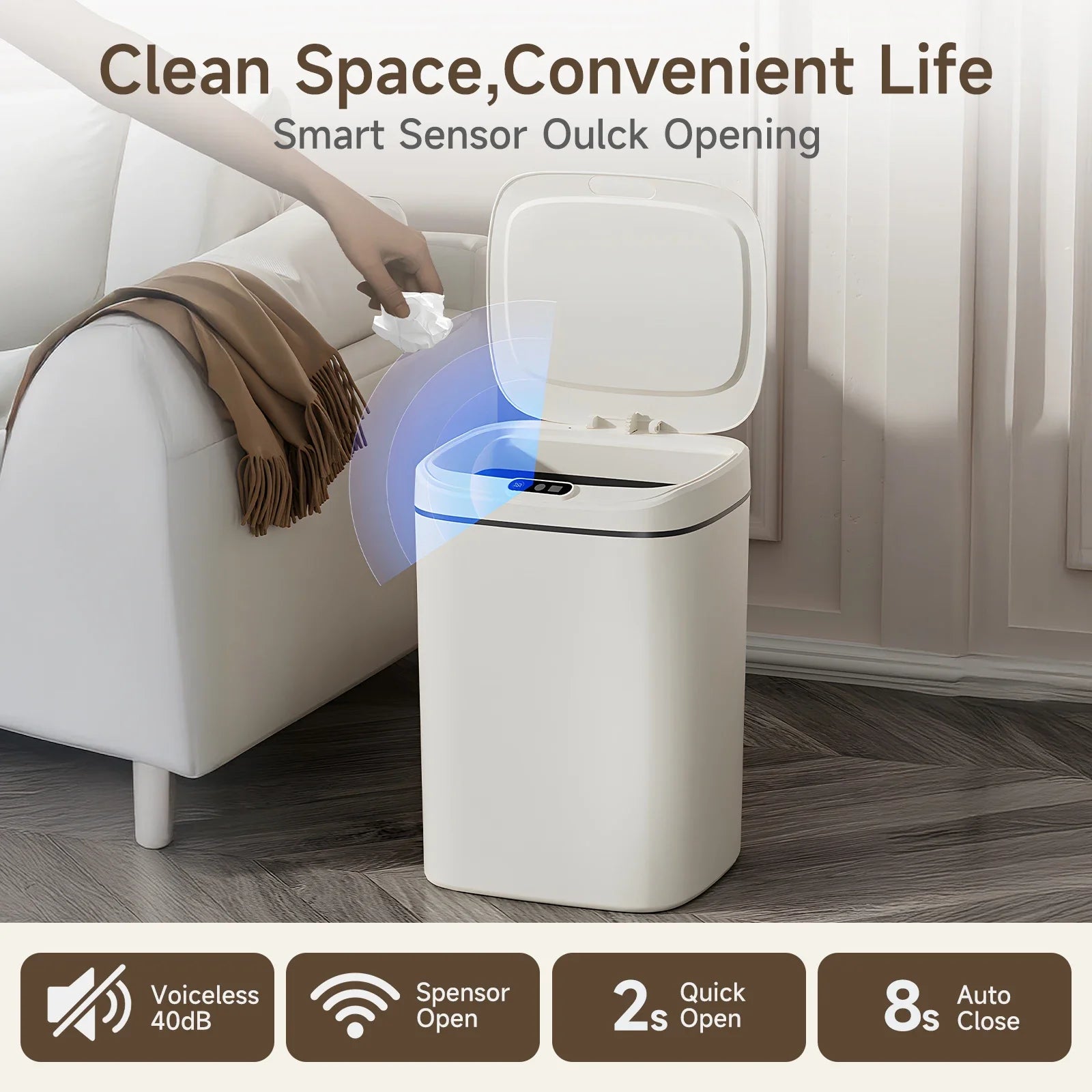 1PC Smart Detector Trash Can, Touchless Wastebasket,  Auto On/Off, Sealed With Lid For Odor Prevention, Silent Shutoff, Multiple