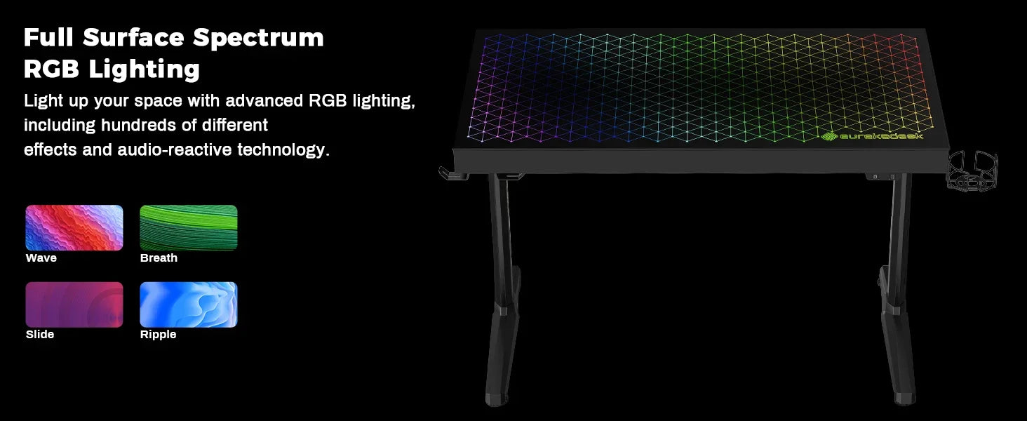EUREKA ERGONOMIC RGB LED Gaming Desk, Music Sync Lights Up Tempered Glass Desktop, 43" GTG I43 Home Office Computer Table W Cont