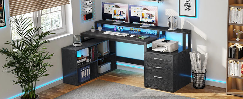 L Shaped Desk with Power Outlets & LED Lights, 65" Computer Desk with Drawers,Office Desk with File Cabinet &Printer Stand,Black