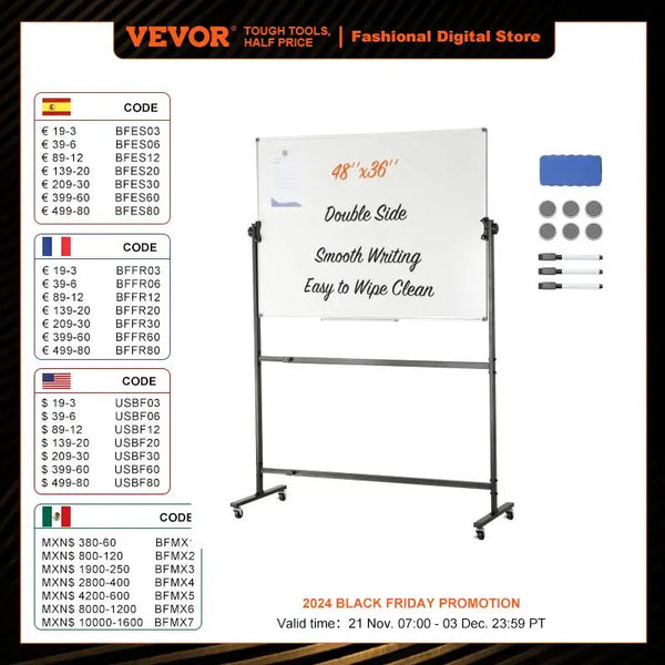 VEVOR Rolling Magnetic Whiteboard Double-Sided Mobile Whiteboard 360° Reversible Adjustable Height Dry Erase Board for School