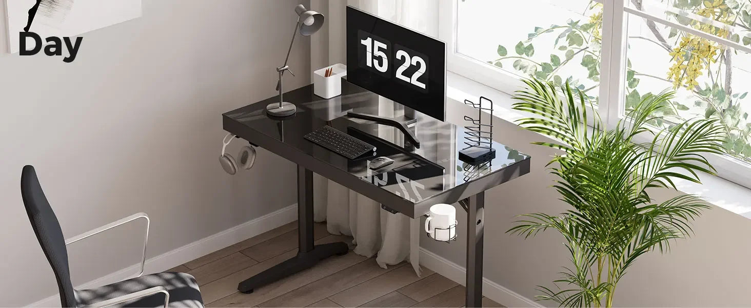 EUREKA ERGONOMIC RGB LED Gaming Desk, Music Sync Lights Up Tempered Glass Desktop, 43" GTG I43 Home Office Computer Table W Cont