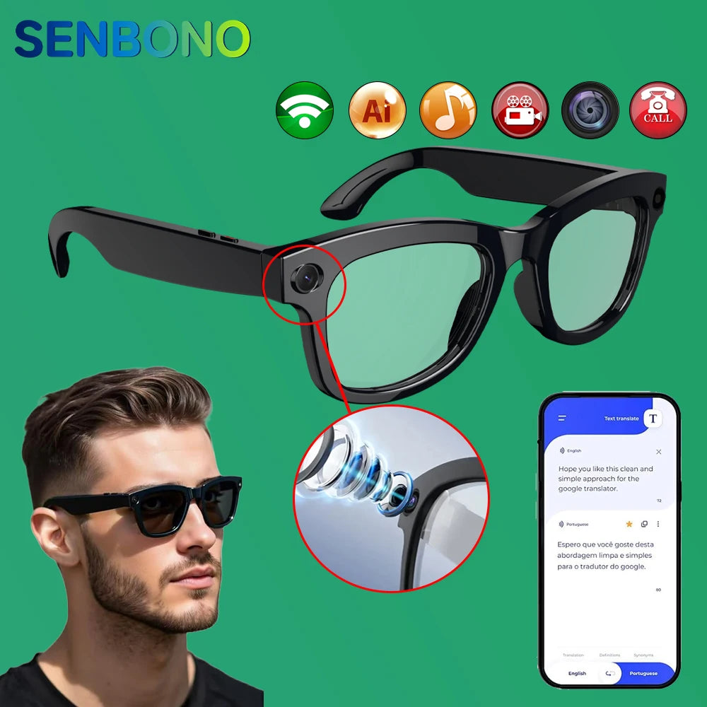 SENBONO AI Translator Smart Glasses With 8MP Camera Take Videos And Photo Sunglasses BT Call for Men Women 4K HD Fashion Glasses
