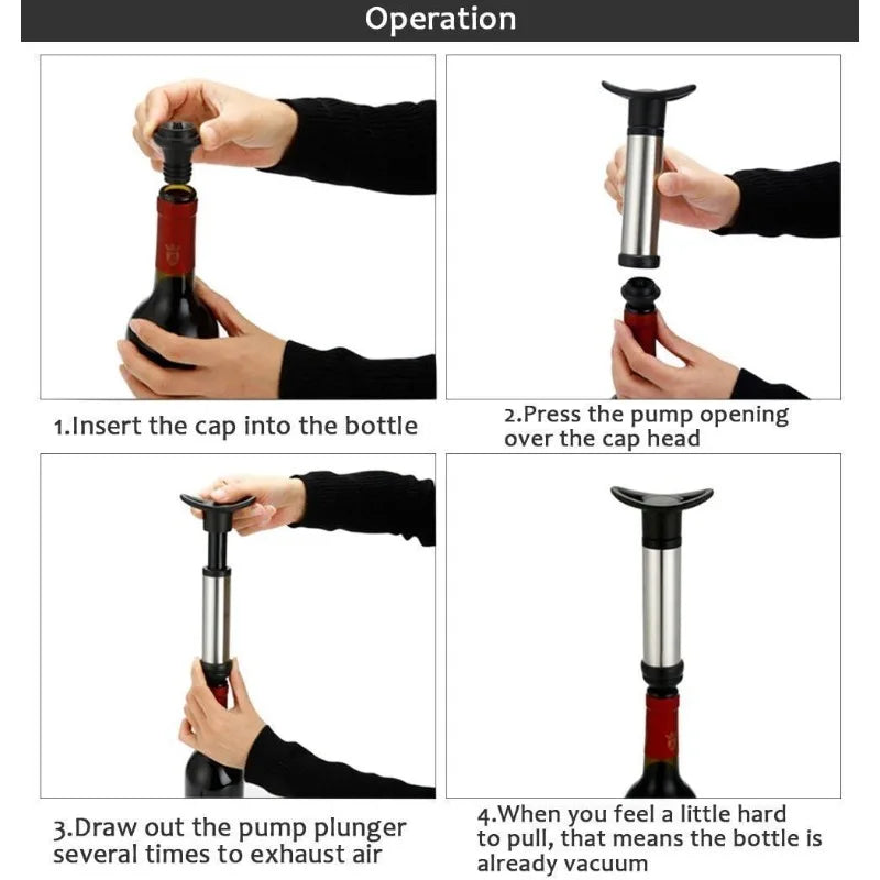 Vacuum Wine Saver Set, Pump Preserver with 4 Vacuum Wine Stoppers for White / Beer Wine, Stainless Steel, Keep Wine Fresh