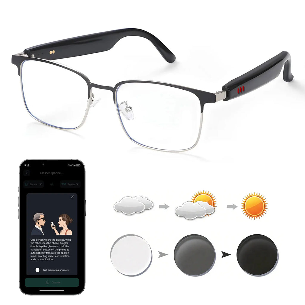 Smart glasses, app translation, color-changing lenses, high-definition voice calls, Hi-Fi music quality, open-ear audio glasses.