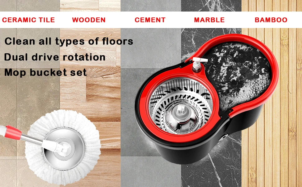 360° Spin Mop & Bucket Set — Self-Wringing, 3 Microfiber Heads