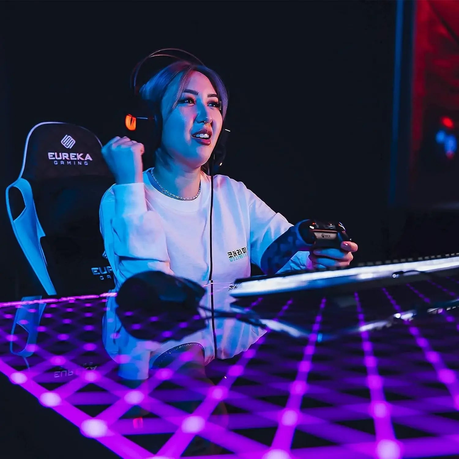 EUREKA ERGONOMIC RGB LED Gaming Desk, Music Sync Lights Up Tempered Glass Desktop, 43" GTG I43 Home Office Computer Table W Cont