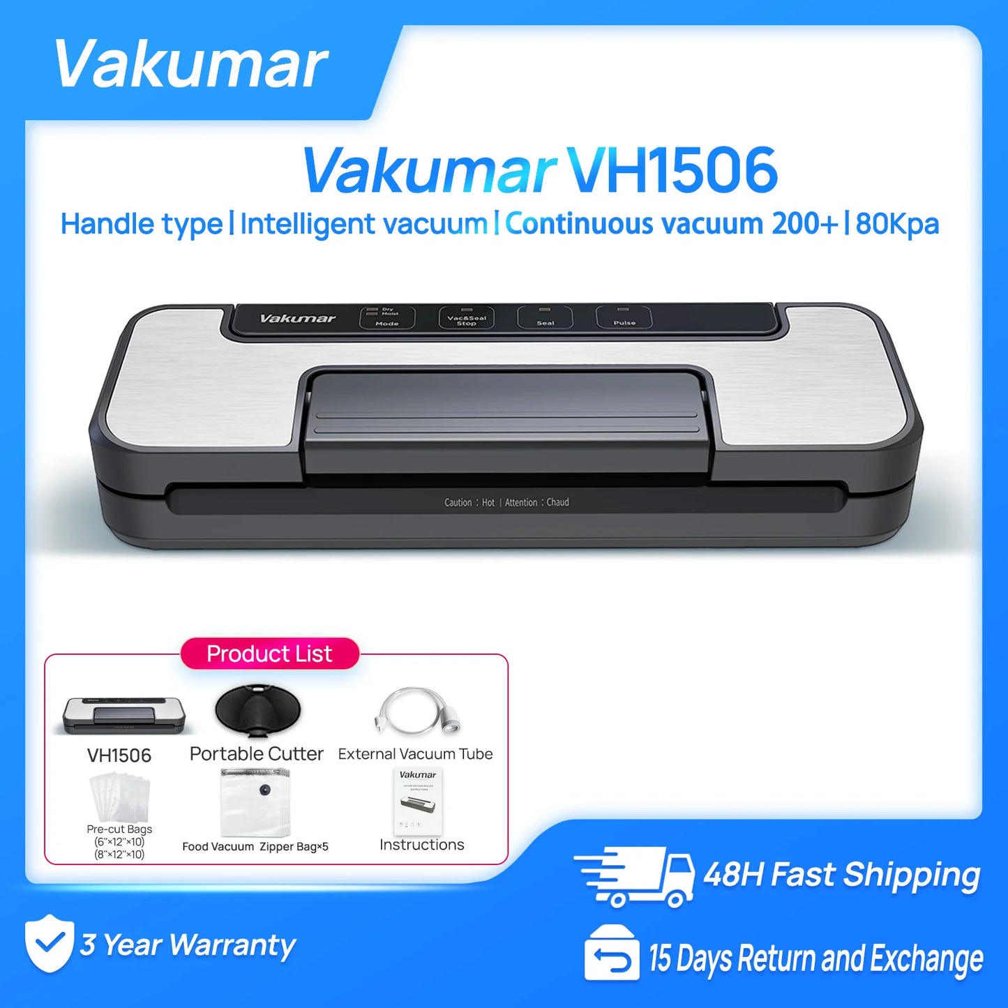 Vakumar VH1506 Vacuum Sealer Machine — 80kPa Sous Vide, Handheld
