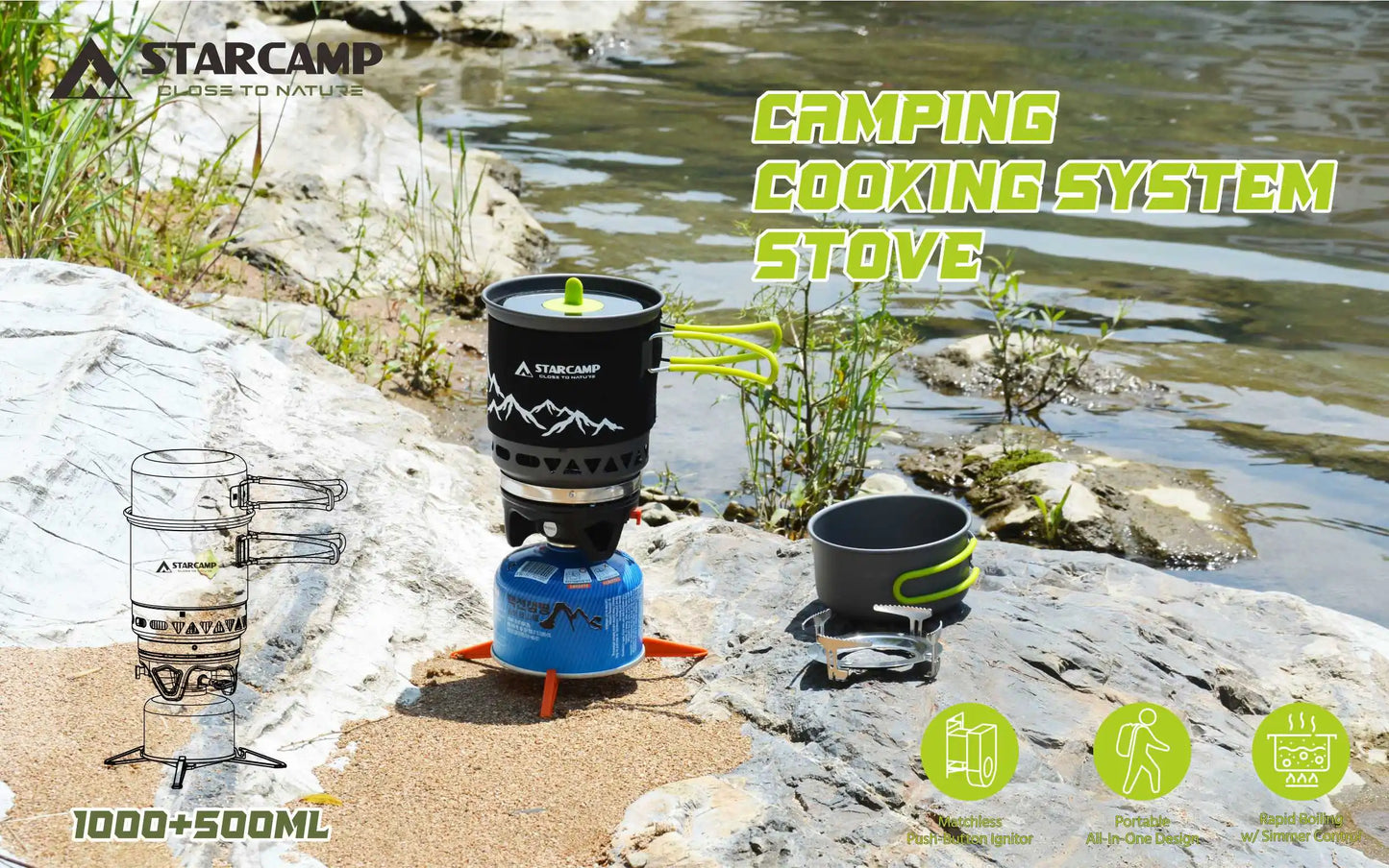 STARCAMP Jet Cooker Gas Stove — 1000ml + 500ml, Fast-Boil Camping System