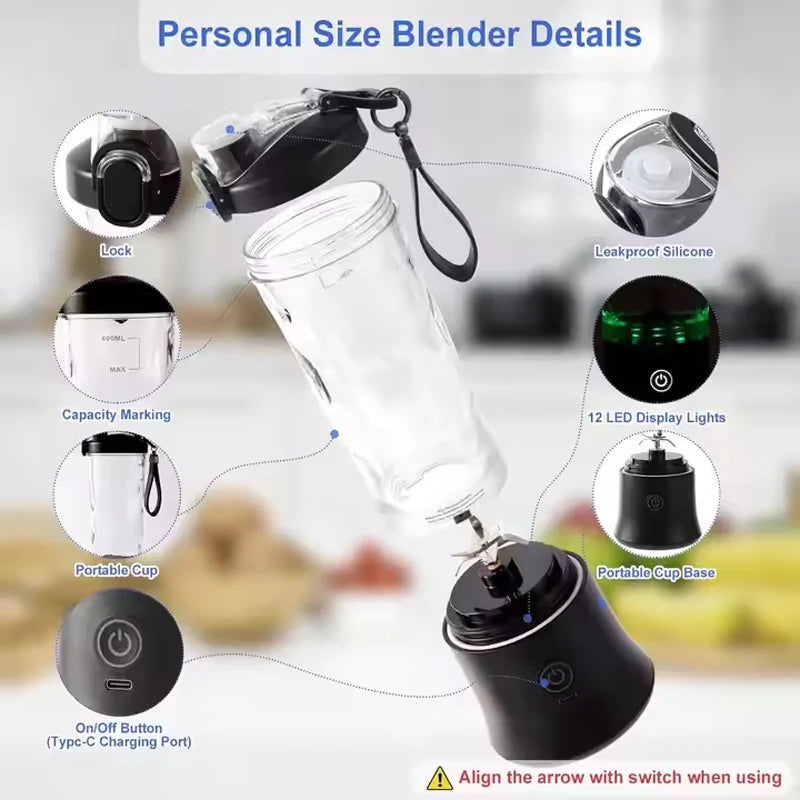 Portable USB Electric Juicer — 600ml Cup, Stainless Steel Blades