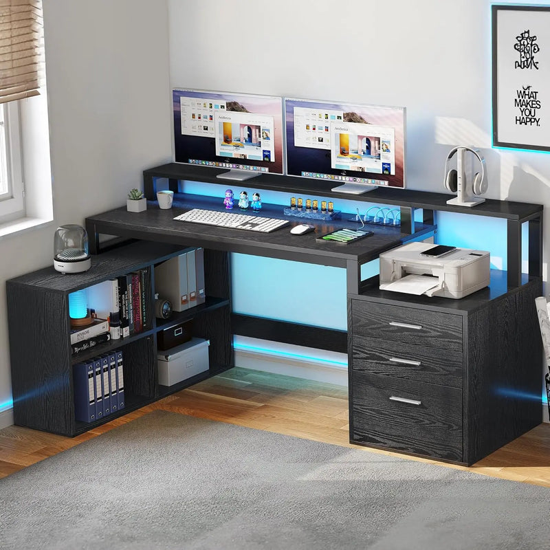 L Shaped Desk with Power Outlets & LED Lights, 65" Computer Desk with Drawers,Office Desk with File Cabinet &Printer Stand,Black