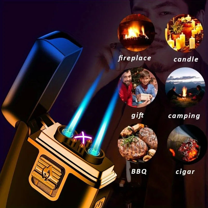 Double Jet Flame Torch Lighter Dual Arc Electronic Lighter USB Rechargeable Butane Gas Windproof 2 In 1 Men Gas Electric Lighter