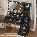 Makeup Vanity Desk with Mirror and Lights, Power Outlet, RGB LED Cabinet,  5 Drawers & Side Storage Bag, Black and Gold