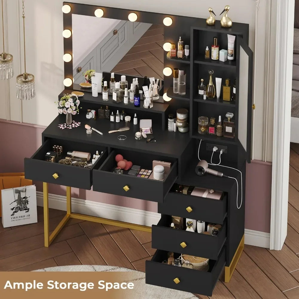 Makeup Vanity Desk with Mirror and Lights, Power Outlet, RGB LED Cabinet,  5 Drawers & Side Storage Bag, Black and Gold