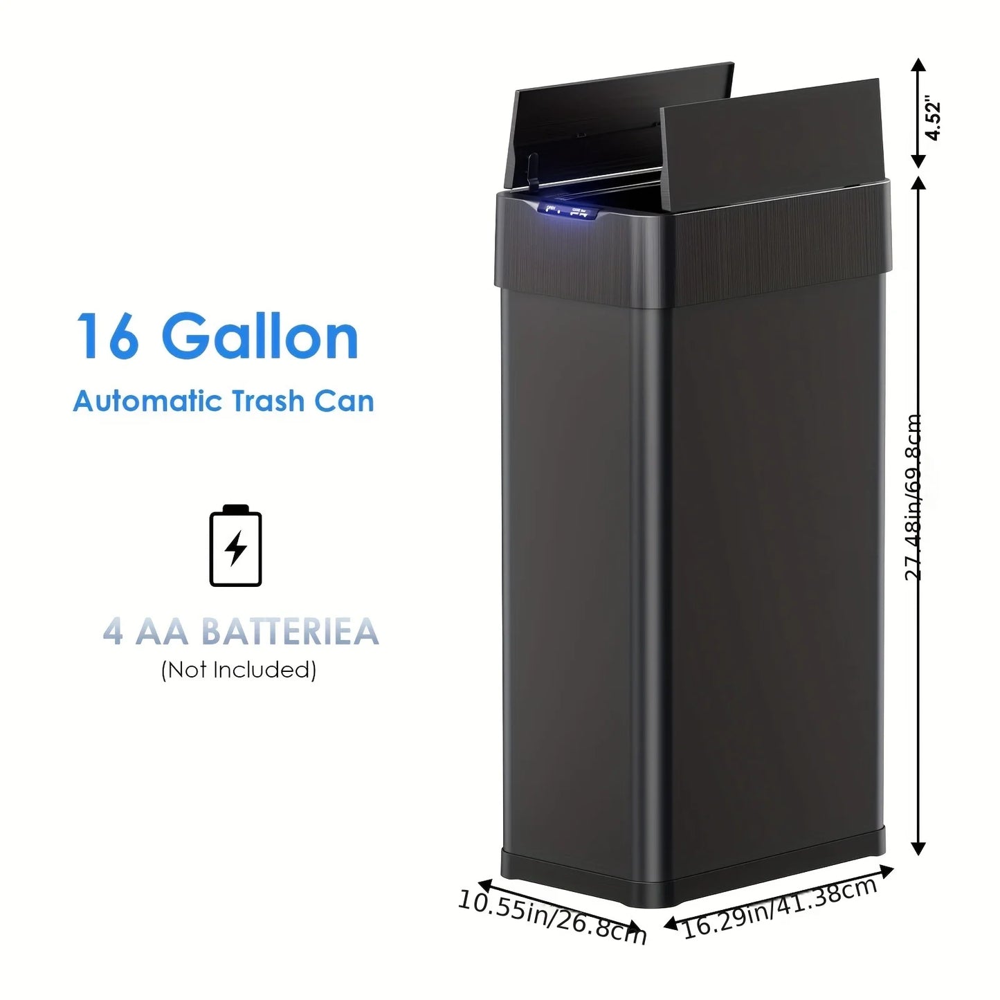 16-Gallon Touchless Sensor Trash Can — Double Wing Door, Smart Bin