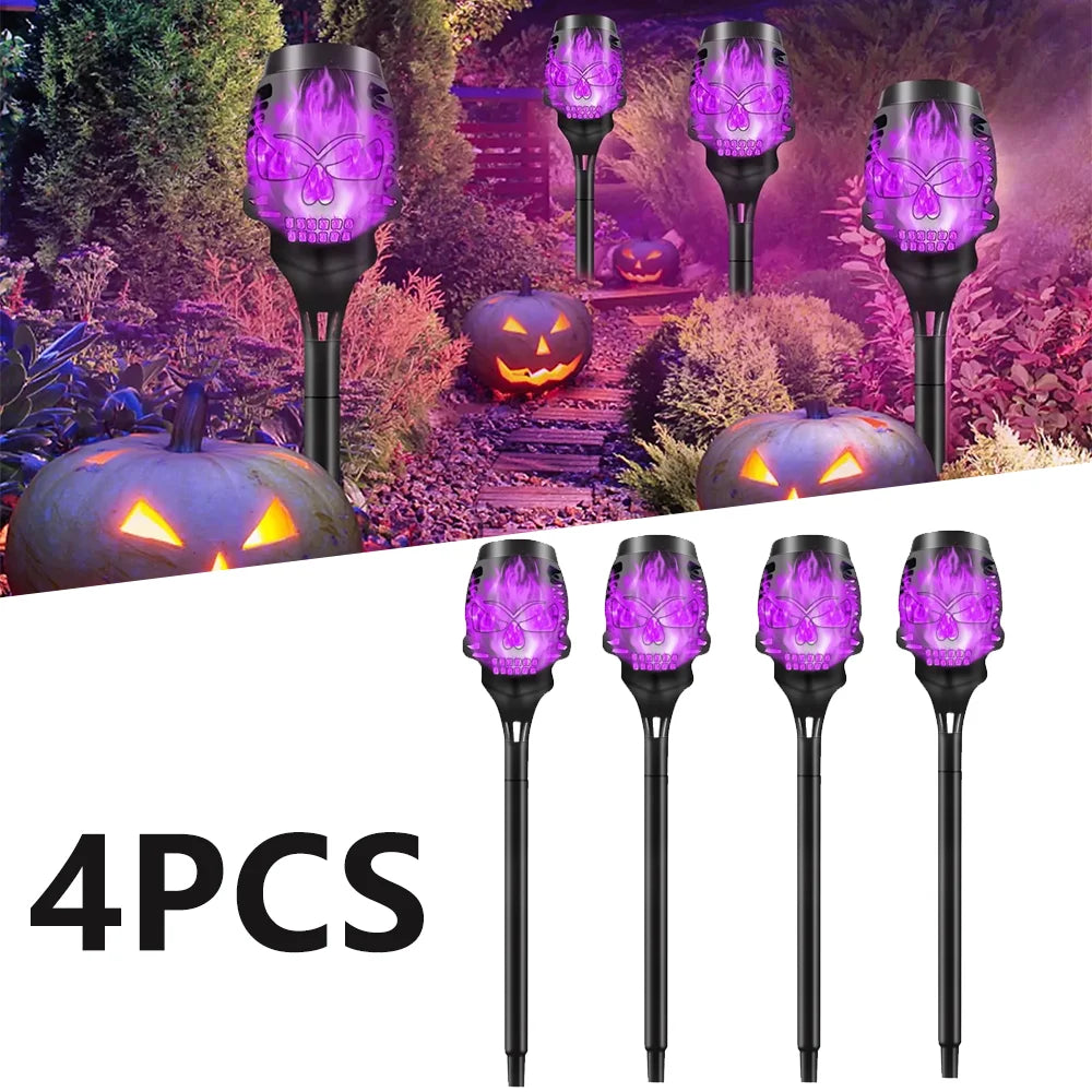 4pcs Skull-Shaped Solar-Powered Night Light Flame Torch