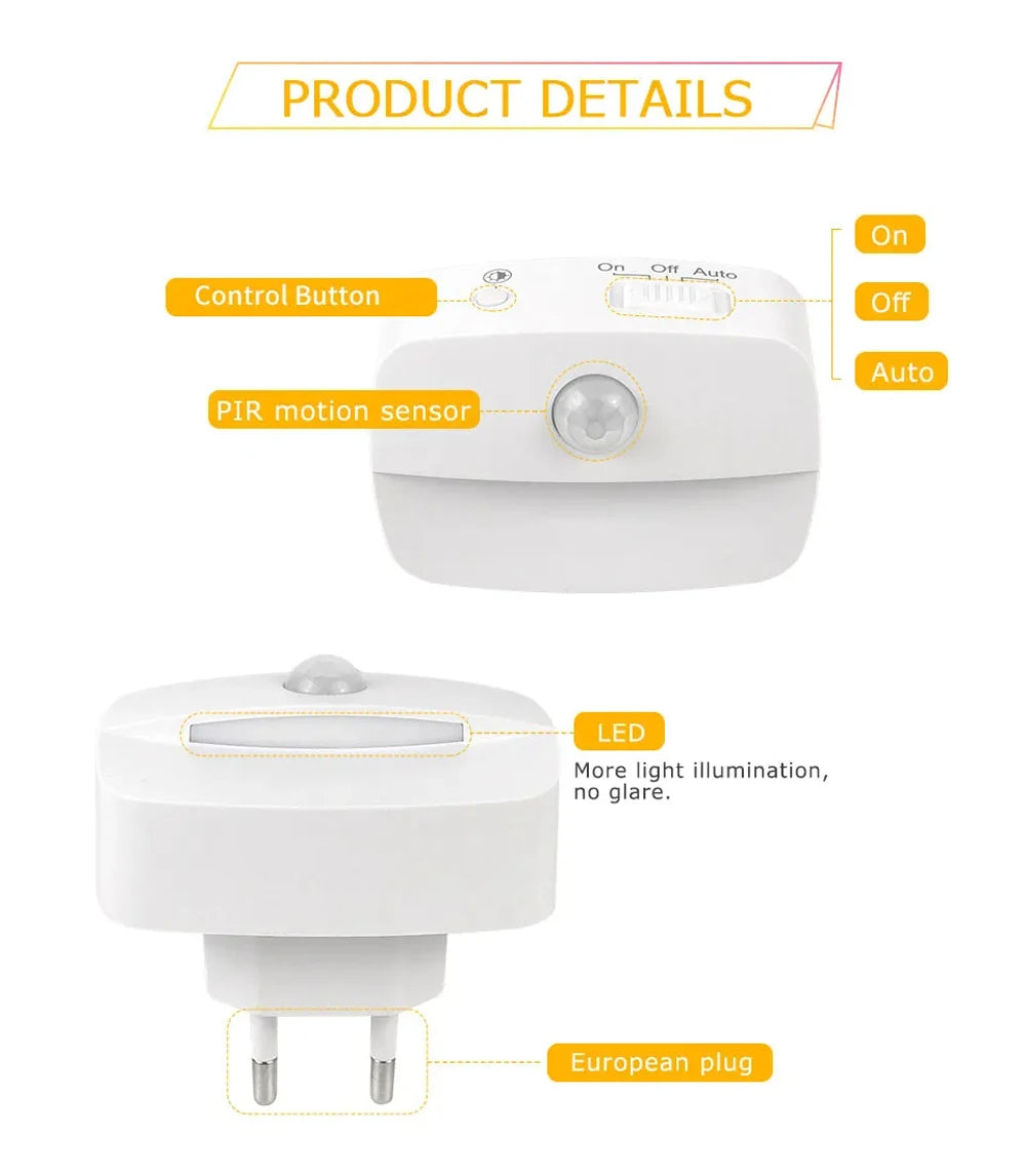 Plug-In Motion Sensor Night Light — Hallway, Stair & Bedroom Lamp
