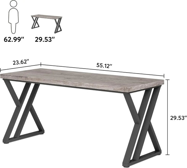 Writing Computer Desk, 55 inch Heavy Duty Study Desk with Z-Shaped Metal Leg, Modern Simple Home Office Computer Desk, Grey