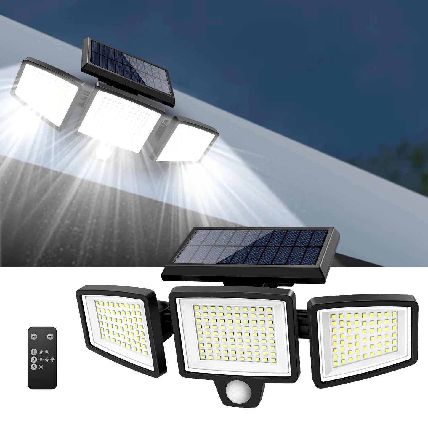 Solar Motion Sensor Security Light. 3- Head, 200+ LEDs, Waterproof