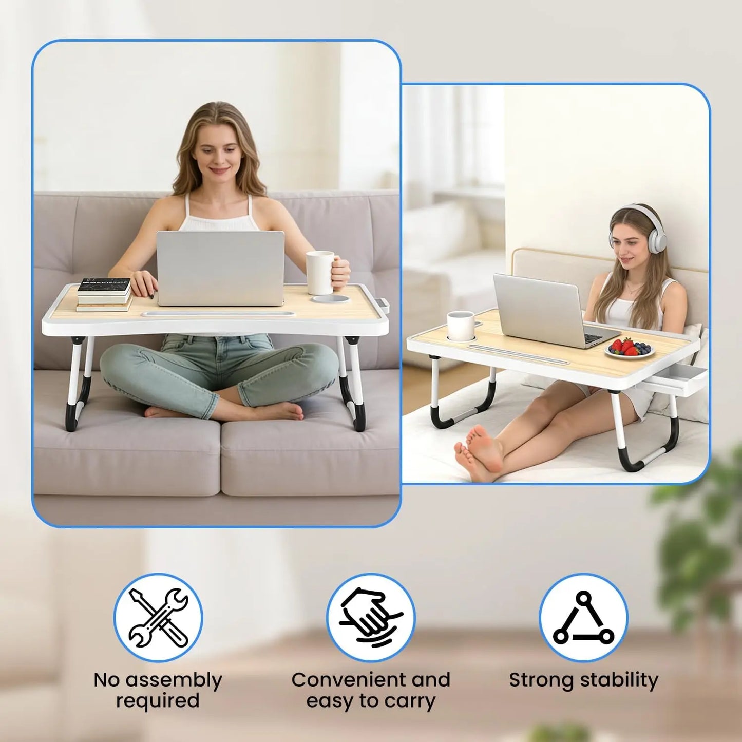 Laptop Bed Table with Foldable Legs & Cup Holder — Portable Lap Desk