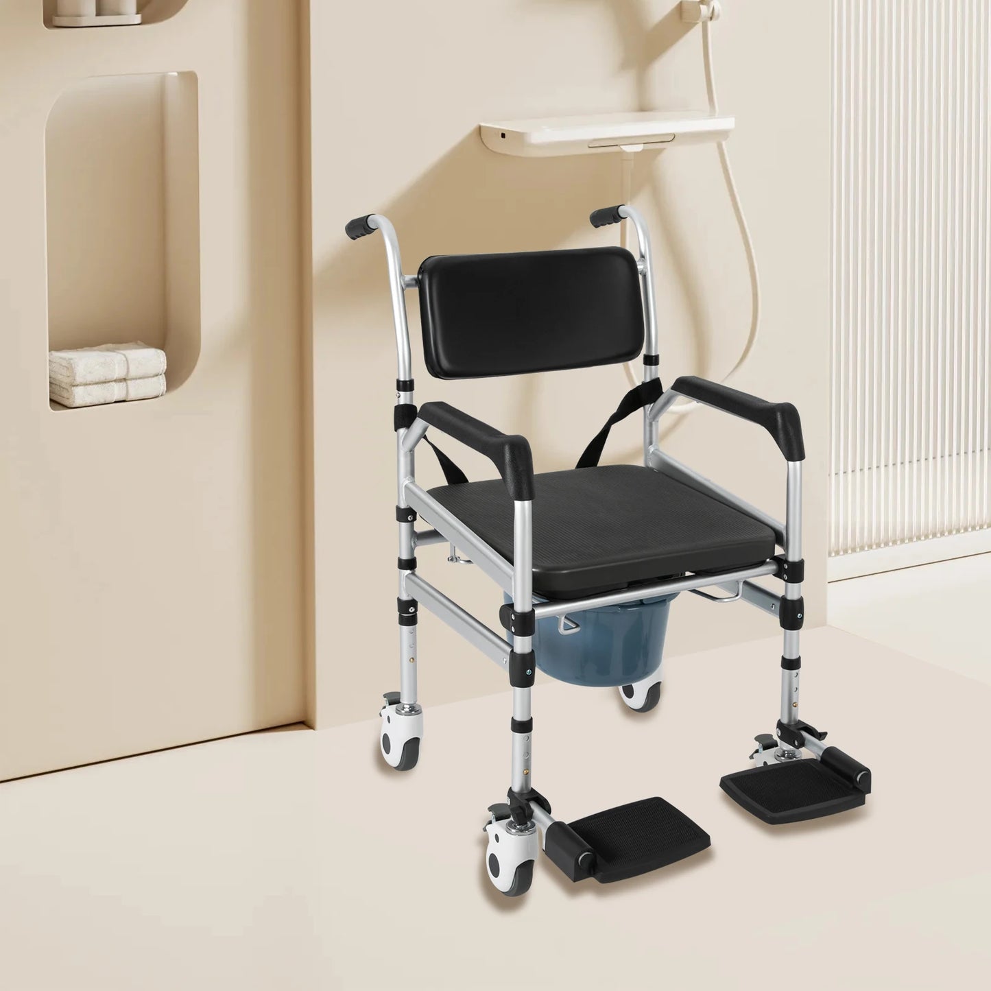 Folding Shower Chair with Wheels — Adjustable Height for Seniors