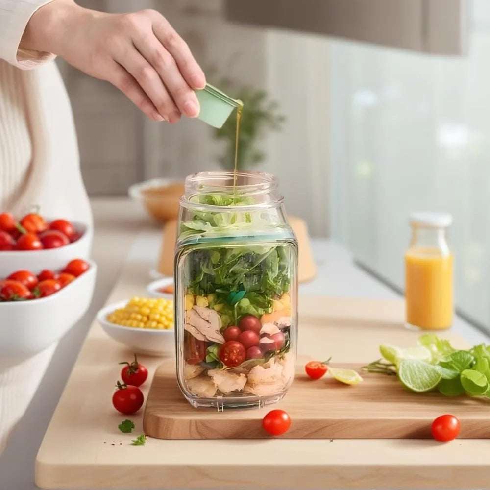 Salad Pod Mason Jar with Side Open, Portable Salad Container, Salad Jar with Dressing Cup, Suitable for Work, Outdoor, Travel