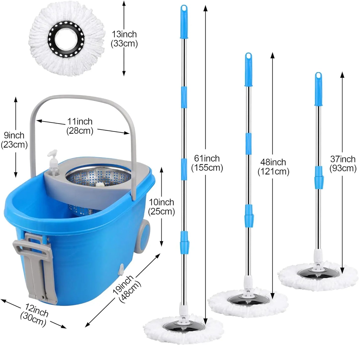 360° Spin Mop & Bucket Set — 3 Microfiber Heads, 61" Handle