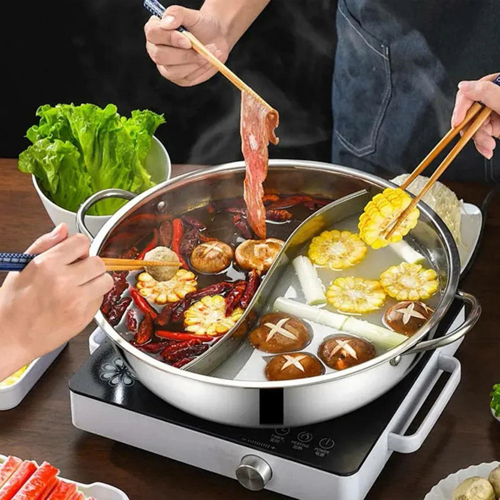 Stainless Steel Twin Divided Hot Pot — 28cm, Gas Stove Compatible