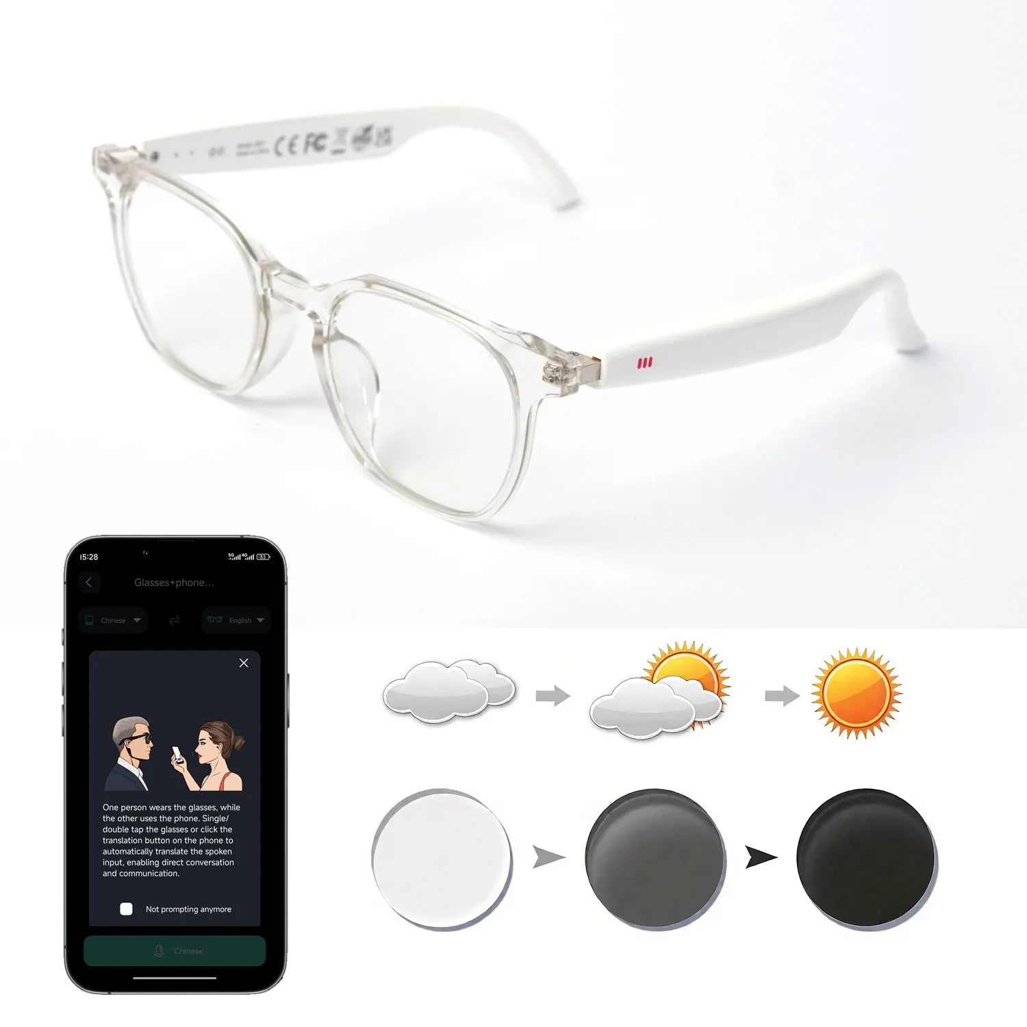 Smart glasses, app translation, color-changing lenses, high-definition voice calls, Hi-Fi music quality, open-ear audio glasses.