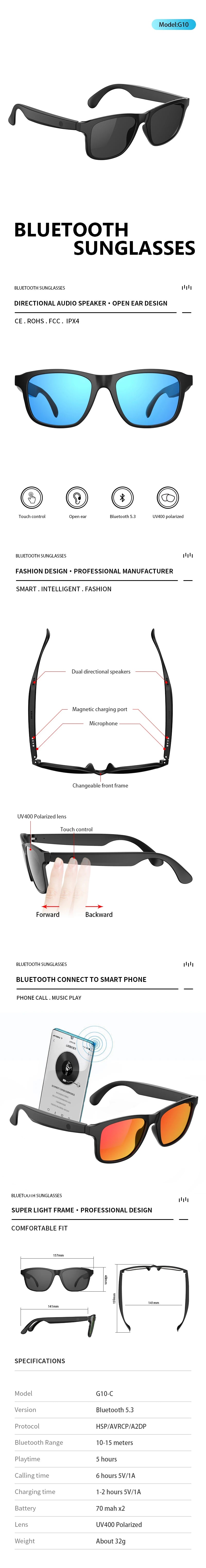 New Smart Glasses Wireless Bluetooth Hands-Free Talking Music Headset with Speaker