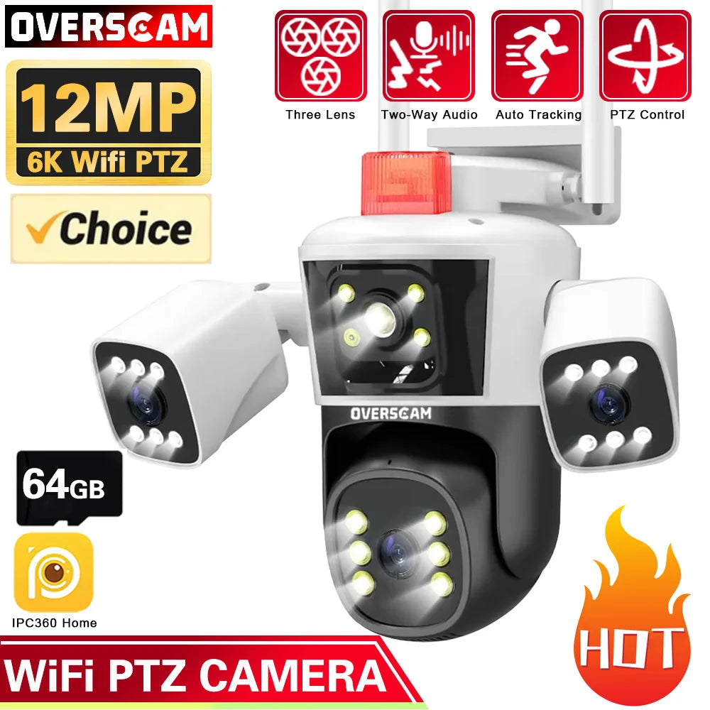 16mp 8K WIFI 10x Zoom Surveillance Outdoor Audio Floodlight Camera PTZ Four-Lens Three Screens Security 360°Monitor CCtv Network