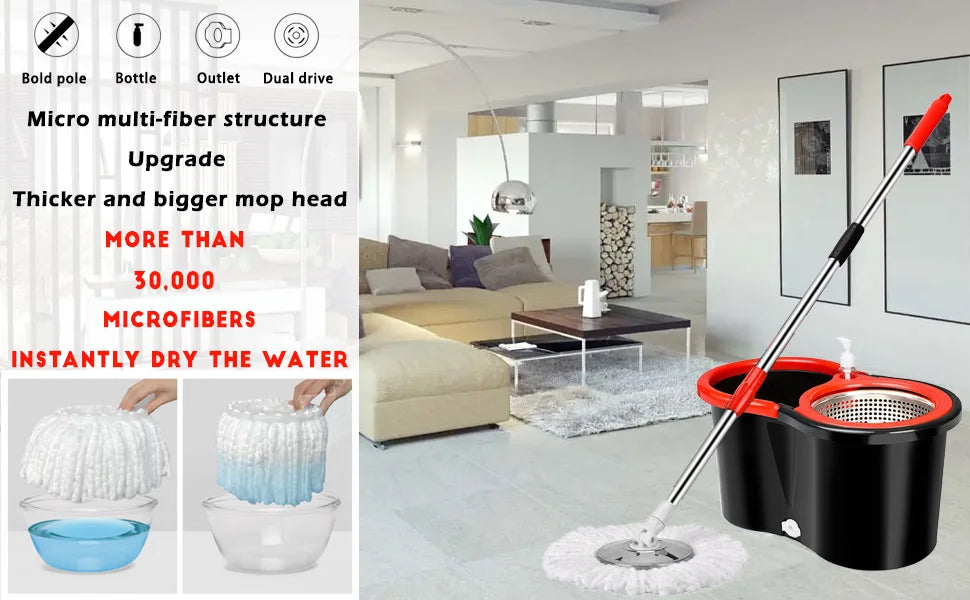 360° Spin Mop & Bucket Set — Self-Wringing, 3 Microfiber Heads