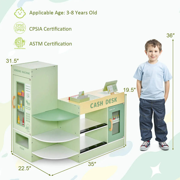 Wooden Supermarket Play Toy Set Kids Grocery Store Playset with Checkout Counter