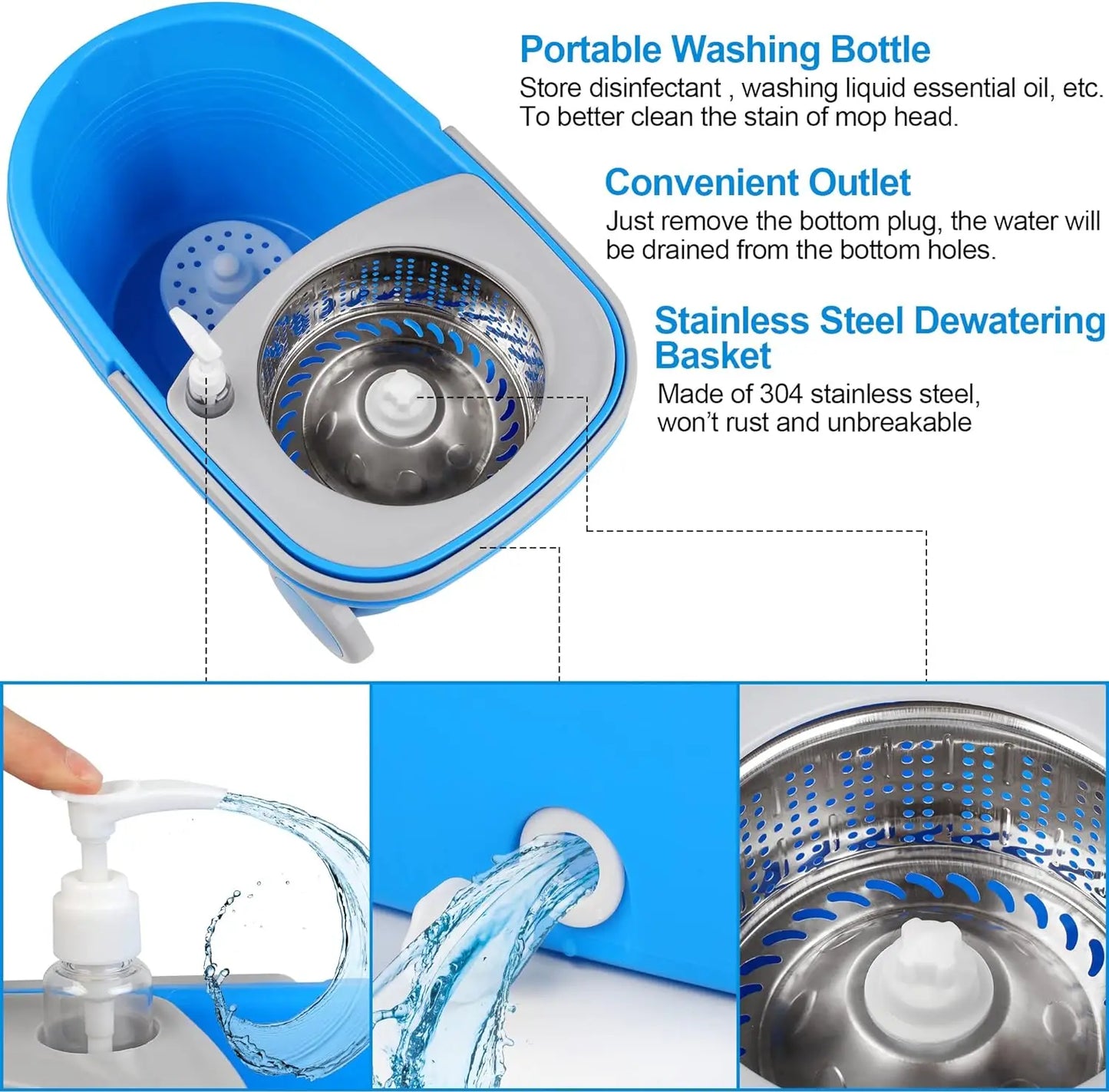360° Spin Mop & Bucket Set — 3 Microfiber Heads, 61" Handle